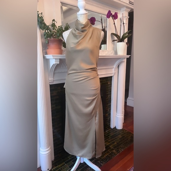 MISHA COLLECTION Robbia Satin High Neck Draped Midi Dress In Dusty Olive Size 4 - Picture 10 of 16